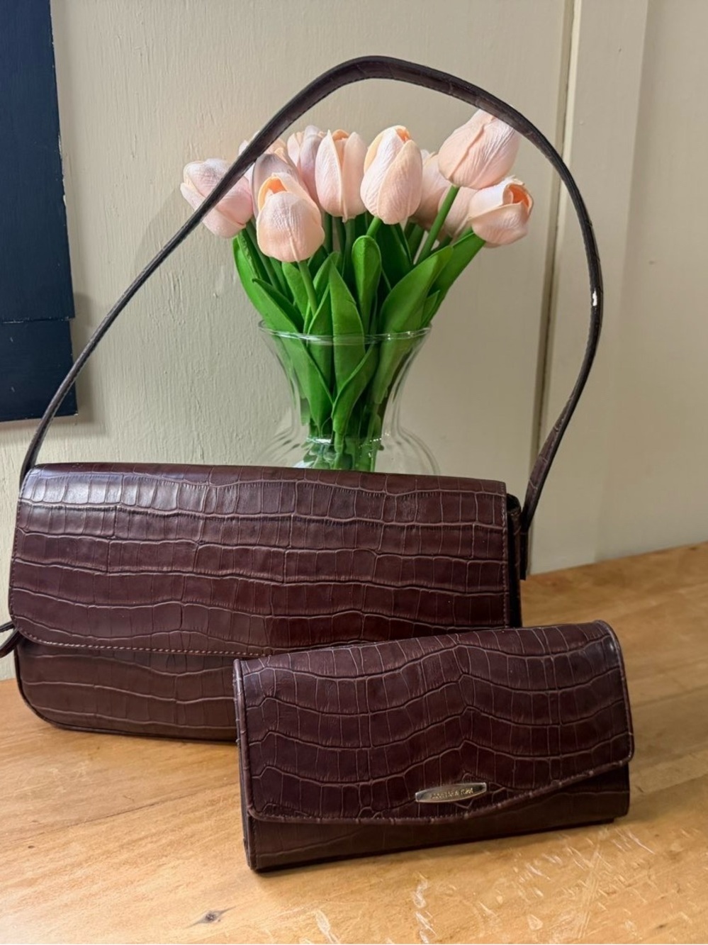 Jones New York Brown Croc Embossed Shoulder Bag & Wallet Set